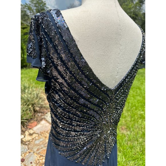 J Kara Gown Maxi Dress Sequin Beaded V Neck V Back Flutter Sleeve A-Line Blue 16 - Picture 7 of 16